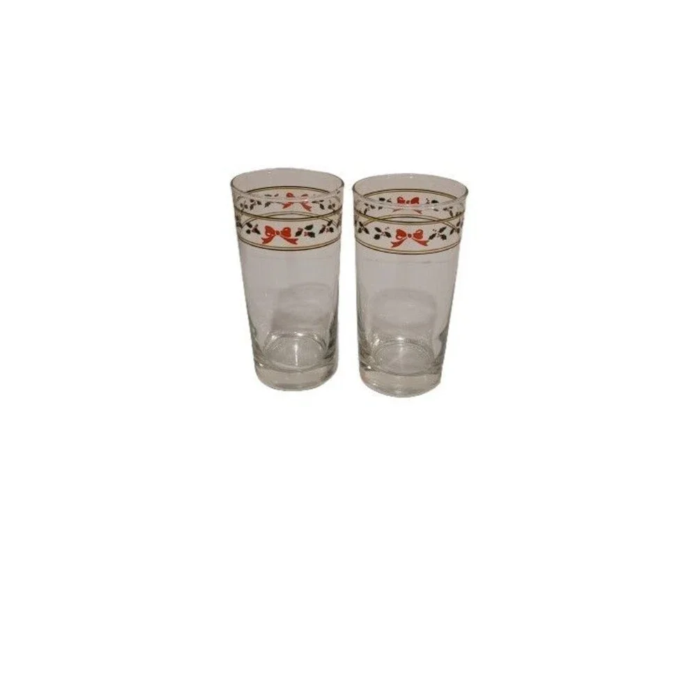 Vintage Anchor Hocking AHC83 Bow and Holly Gold and Green Bands Tumbler Set of 4